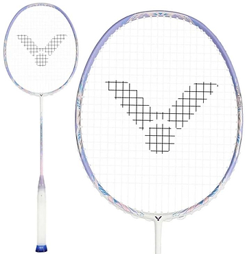 The Victor Jetspeed S 12FTD T 4U Badminton Racket by Victor features a violet Aero-Sword frame, a stylized bird logo on the strings, and a white handle accented with blue at the base.