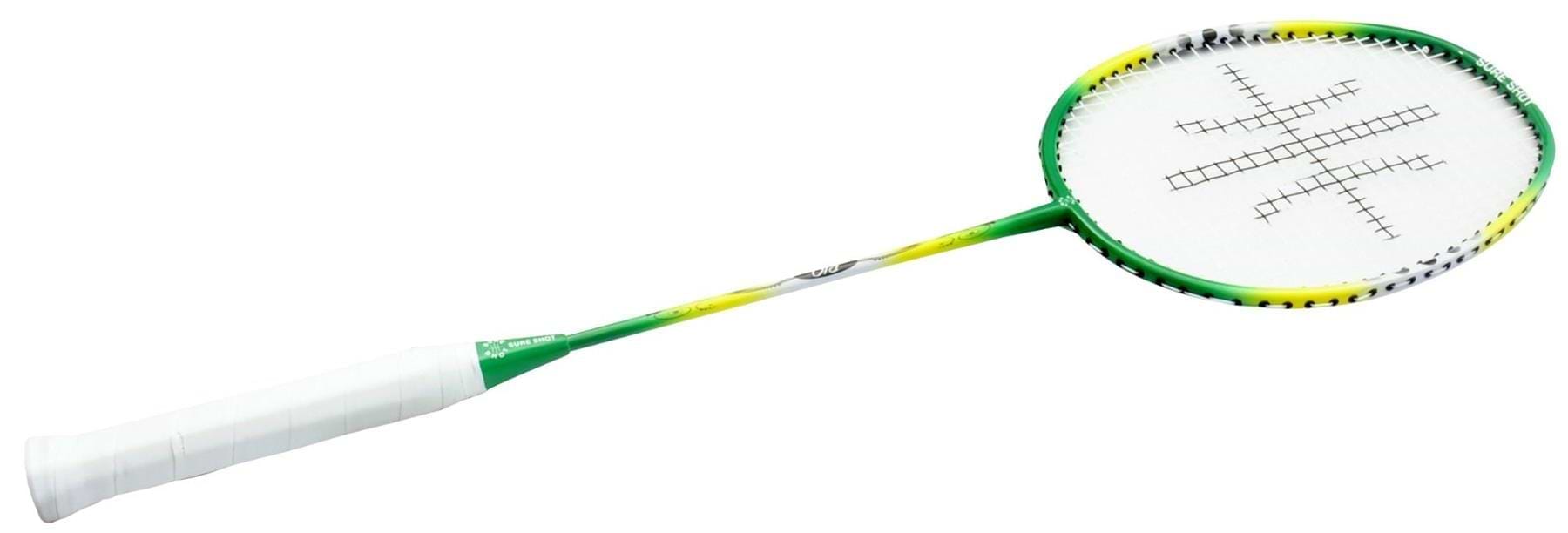 The Sure Shot Rio Badminton Racket by Sure Shot, perfect for beginners, features a green and yellow frame with a white grip. Its strings form an elegant pattern on a tempered steel shaft for enhanced stability.