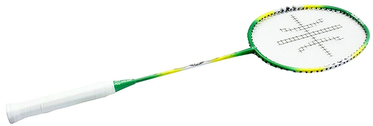 The Sure Shot Rio Badminton Racket by Sure Shot, perfect for beginners, features a green and yellow frame with a white grip. Its strings form an elegant pattern on a tempered steel shaft for enhanced stability.