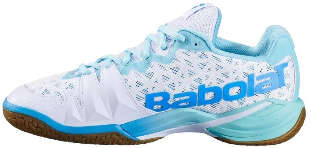 The Babolat Shadow 4 Women’s Badminton Shoes in White Lagoon feature a mesh design, gum sole, and bold blue "Babolat" branding—ideal for stylish court performance.
