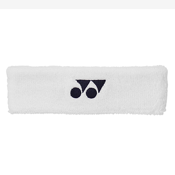 A white Yonex AC259 Headband, showcasing a black logo with two circles and a triangle. It has a soft appearance and is laid flat against a plain background.