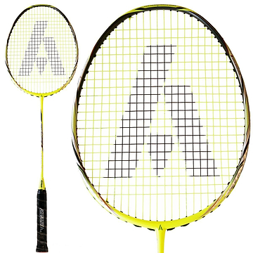 The Ashaway Phantom X-Speed III Badminton Racket in Yellow showcases a vibrant yellow frame complemented by a black grip, featuring a prominent large "A" logo on the strings. With two perspectives for viewing, this sleek design is further enhanced by the Phantom Airflow System for optimal performance.