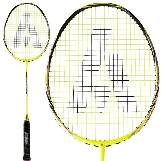 The Ashaway Phantom X-Speed III Badminton Racket in Yellow showcases a vibrant yellow frame complemented by a black grip, featuring a prominent large "A" logo on the strings. With two perspectives for viewing, this sleek design is further enhanced by the Phantom Airflow System for optimal performance.