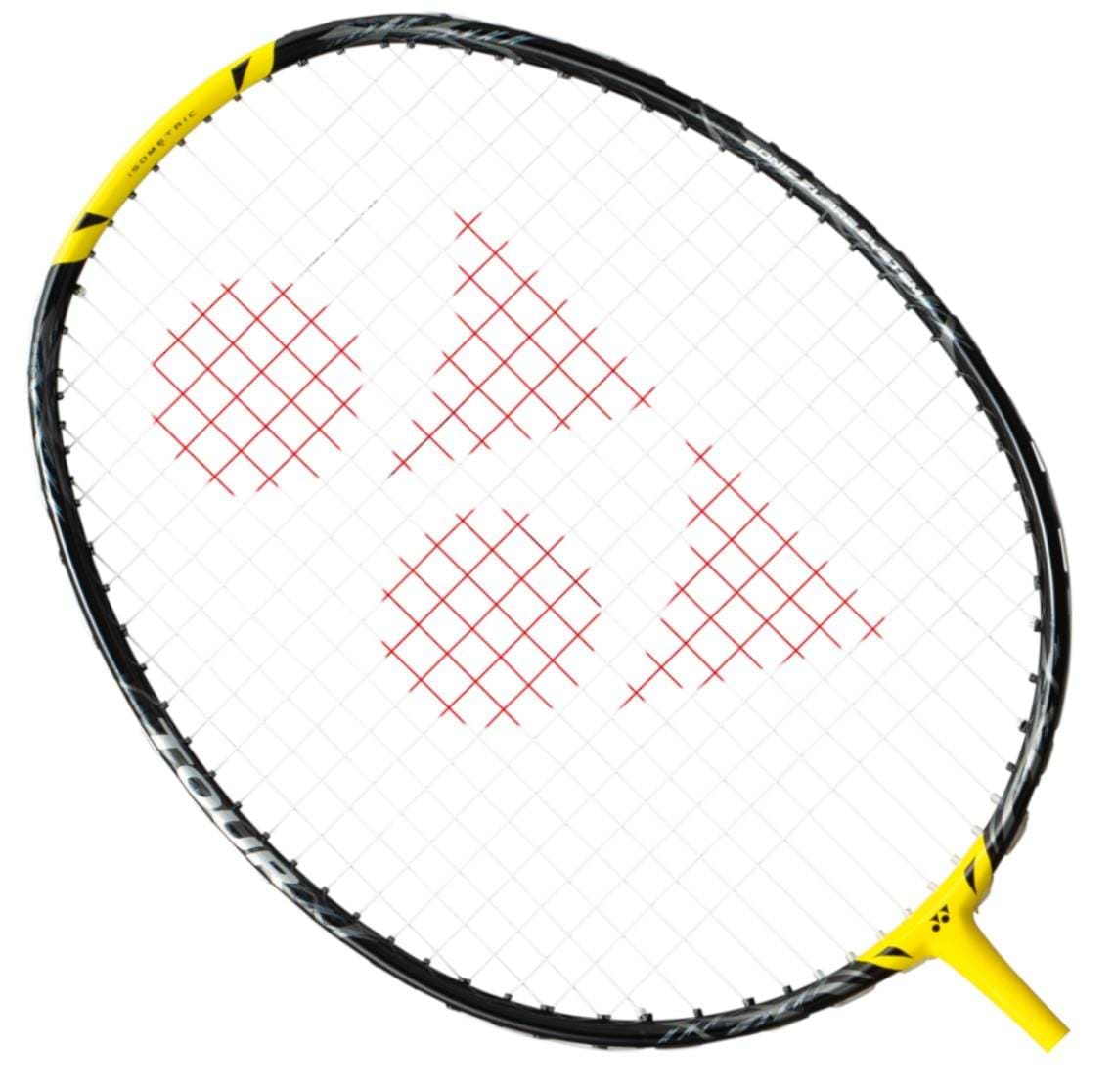 A close-up of the Yonex Nanoflare 1000 Tour 4U Badminton Racket - Lightning Yellow highlights its sleek black frame with bold lightning yellow accents. Crafted for advanced players, its string pattern exhibits striking red geometric designs, elevating both style and performance on the court.