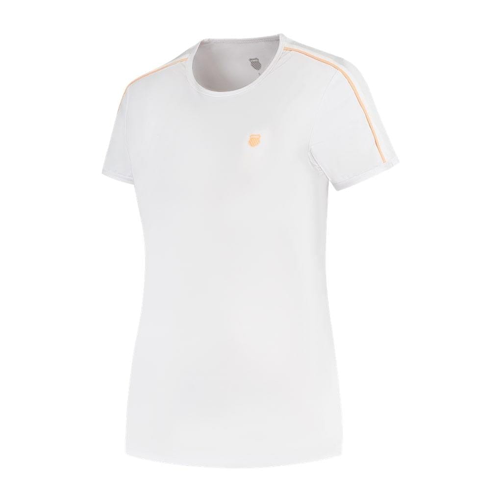 The K-Swiss Hypercourt Crew Tee 3 Women's Badminton T-Shirt in white showcases a sleek design with short sleeves and understated yellow stripes on the shoulders. A small, circular logo adorns the chest, all set against a plain white background.