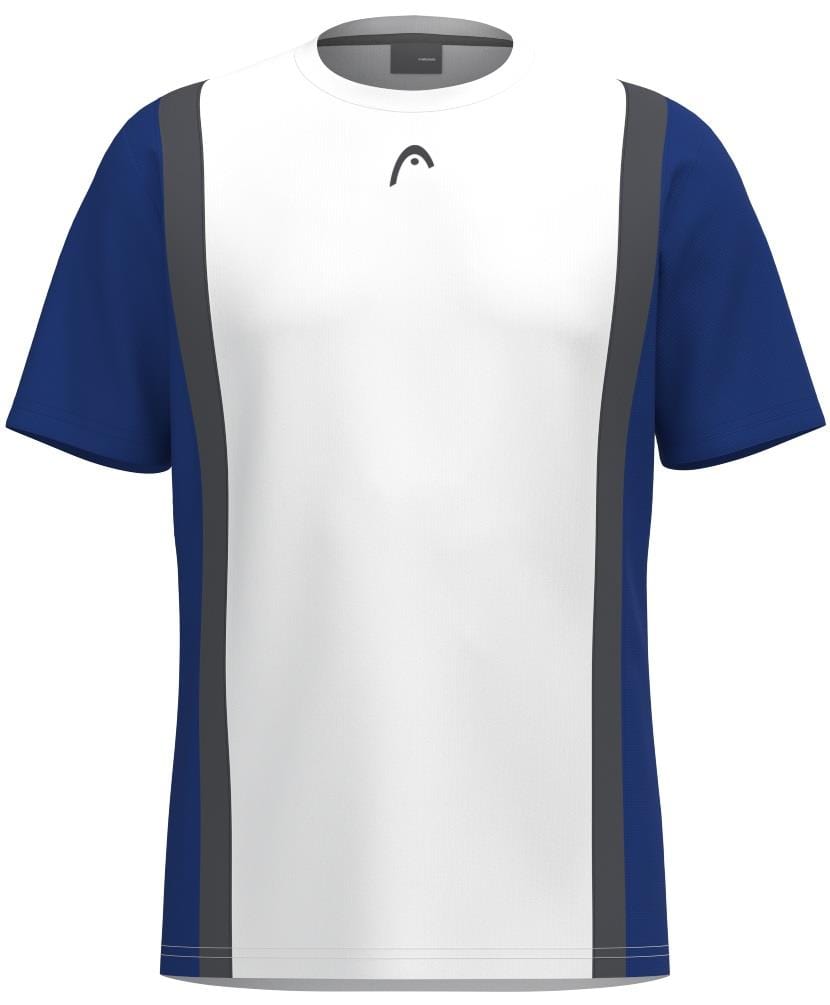 The HEAD Club Tech 25 Men's Badminton T-Shirt in Royal Blue/White features a white front panel, dark blue sleeves and sides, two vertical gray stripes, moisture transfer microfiber fabric, and a small black logo near the collar.