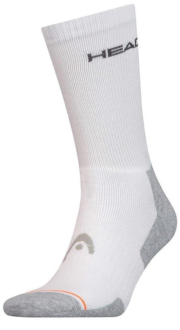 HEAD Crew Athletes Badminton Socks (1 Pack) in white feature gray accents on the toe and heel. Designed for performance with ribbed tops, these socks display a black HEAD logo near the cuff, ideal for badminton enthusiasts seeking comfort and support.