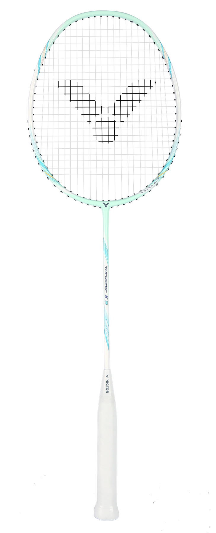 The Victor Thruster K 8 G 4U Badminton Racket by Victor in light cyan features Power Box technology for improved stability and power, shown vertically with a light background, white strings, and a white grip.