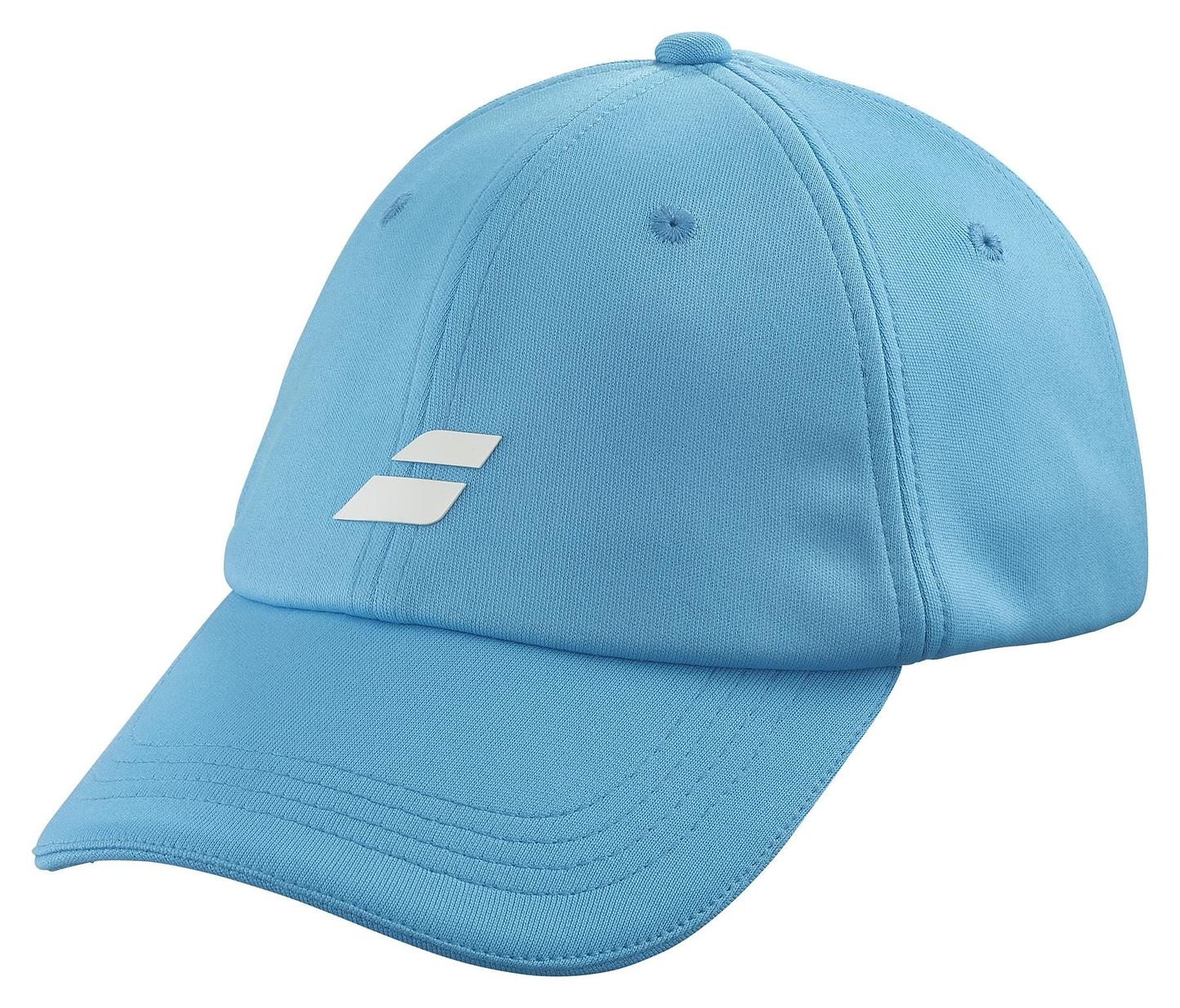 The Babolat Pure Logo Cap - Cyan Blue is a lightweight baseball cap made from recycled polyester. It has a curved brim, adjustable back, and displays a white stylized logo on the front panel.