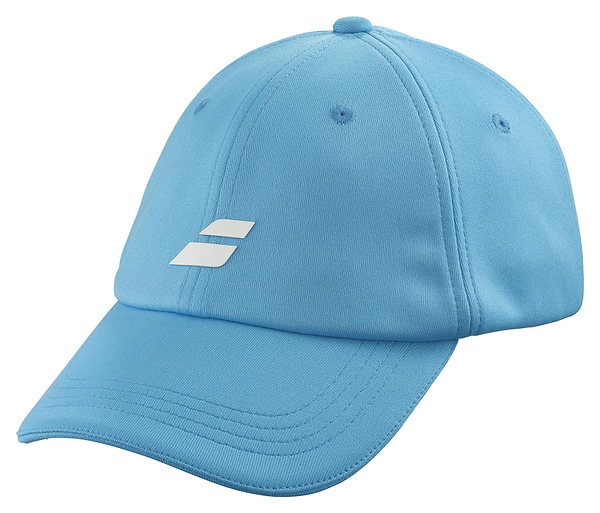 The Babolat Pure Logo Cap - Cyan Blue is a lightweight baseball cap made from recycled polyester. It has a curved brim, adjustable back, and displays a white stylized logo on the front panel.