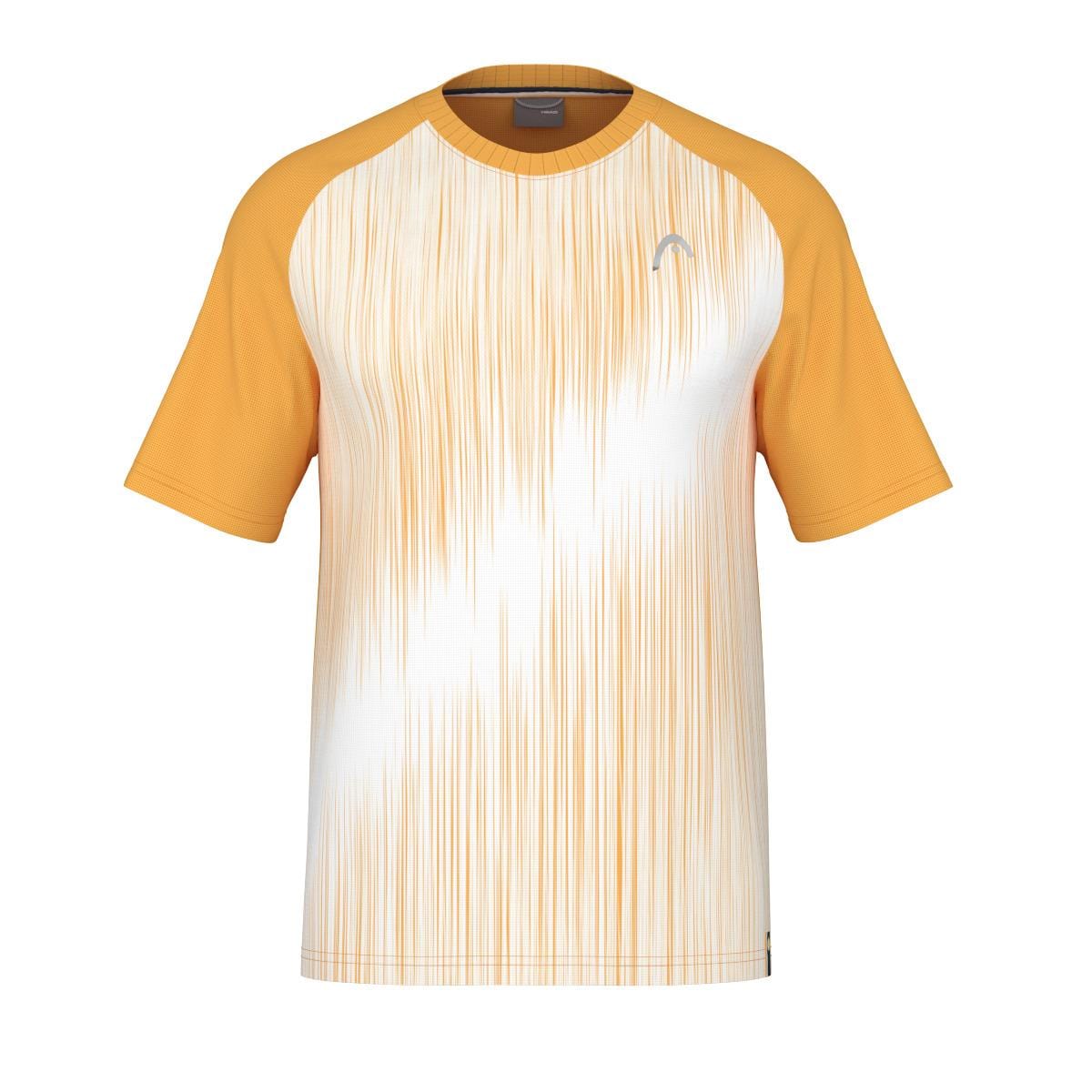 The HEAD Performance Men's Badminton T-Shirt - XPBN features orange sleeves and collar, a white front with vertical orange streaks, moisture-wicking fabric, and a small left-chest logo—ideal for tennis or badminton.