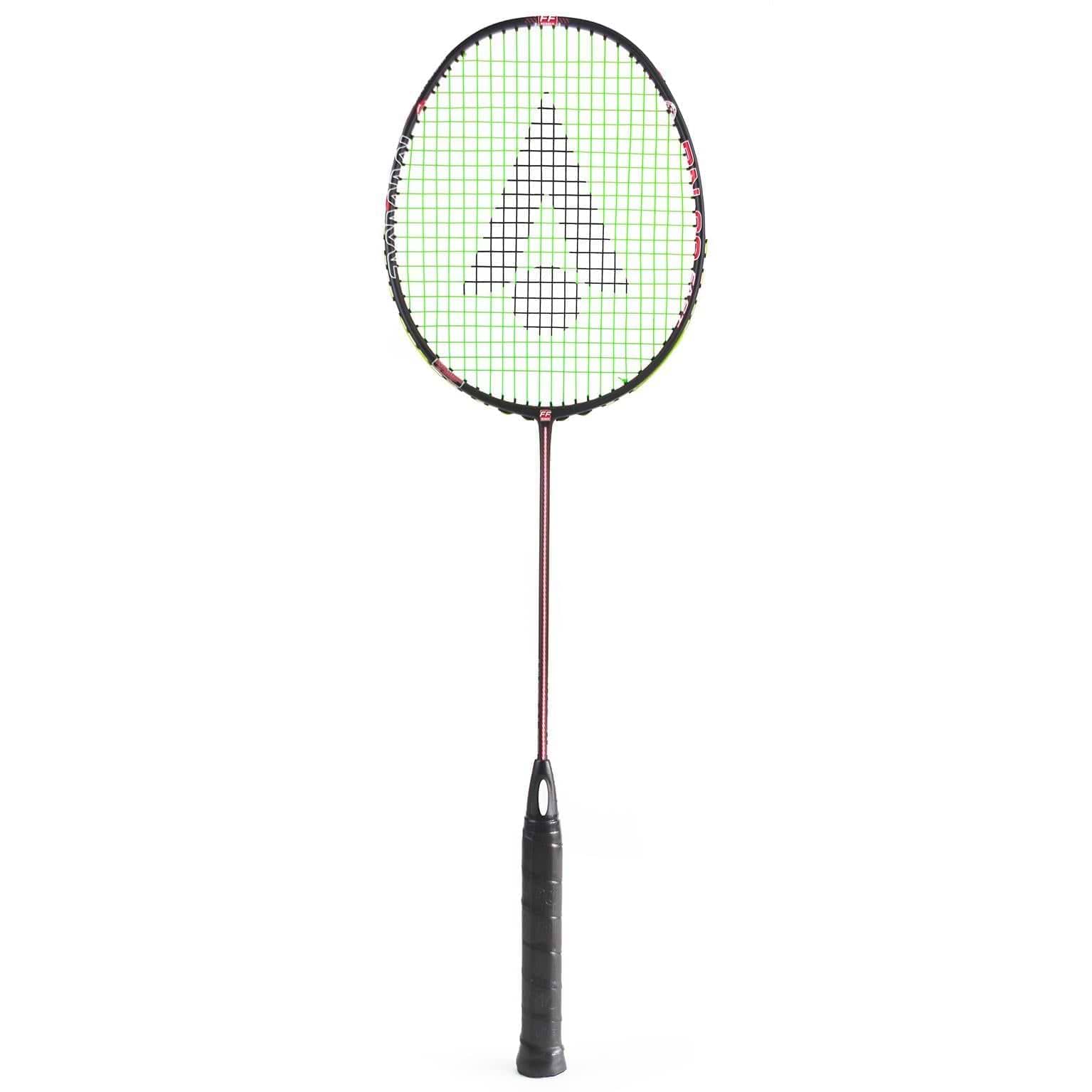 Introducing the Karakal BN-60 Fast Fibre Badminton Racket in Black/Red, a lightweight masterpiece featuring a black handle and frame. It showcases a triangular logo on its string pattern, crafted from Fast Fibre Carbon Gel. The sleek racket is elegantly displayed against a plain white background.