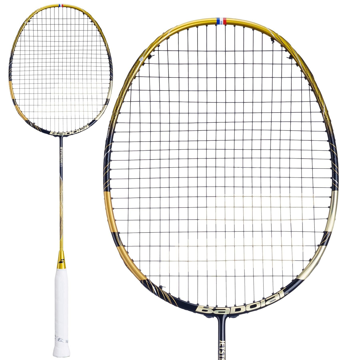 The Babolat Jetstream 83 4U Badminton Racket in gold and black features a white handle and tightly strung netting for enhanced maneuverability, with "Babolat" prominently displayed on the handle and netting. A close-up of the racket head is shown on the left.