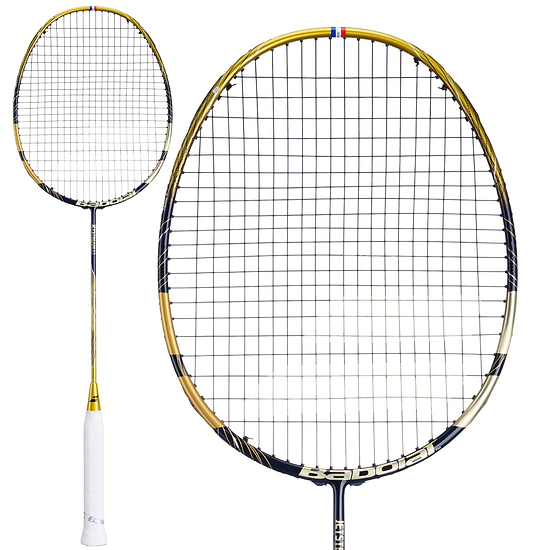 The Babolat Jetstream 83 4U Badminton Racket in gold and black features a white handle and tightly strung netting for enhanced maneuverability, with "Babolat" prominently displayed on the handle and netting. A close-up of the racket head is shown on the left.