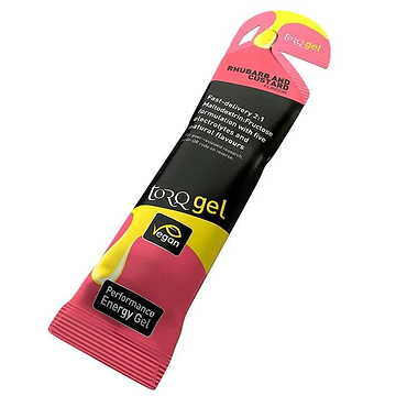 The Torq Gel Sachet in rhubarb and custard flavor, featuring a pink and black design with "vegan" and "performance energy gel" labels, uses maltodextrin, fructose, and multiple-transportable carbohydrates to provide quick energy delivery for athletes.