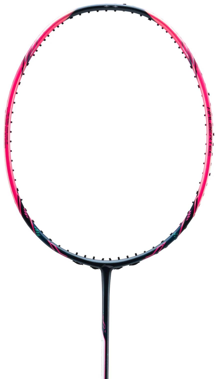 A close-up of the Li-Ning Halbertec Motor Pro 5U Badminton Racket in black and pink shows its unstrung high-modulus graphite frame, with the head and shaft visible vertically against a white background.