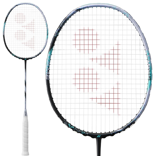 A close-up image features the Yonex Astrox 88D Game 4U Gen 3 2024 badminton racket, showcasing its black and silver frame and white grip. The strings are adorned with a red logo pattern. This large racket head, crafted for power and control, has another smaller head visible in the background.