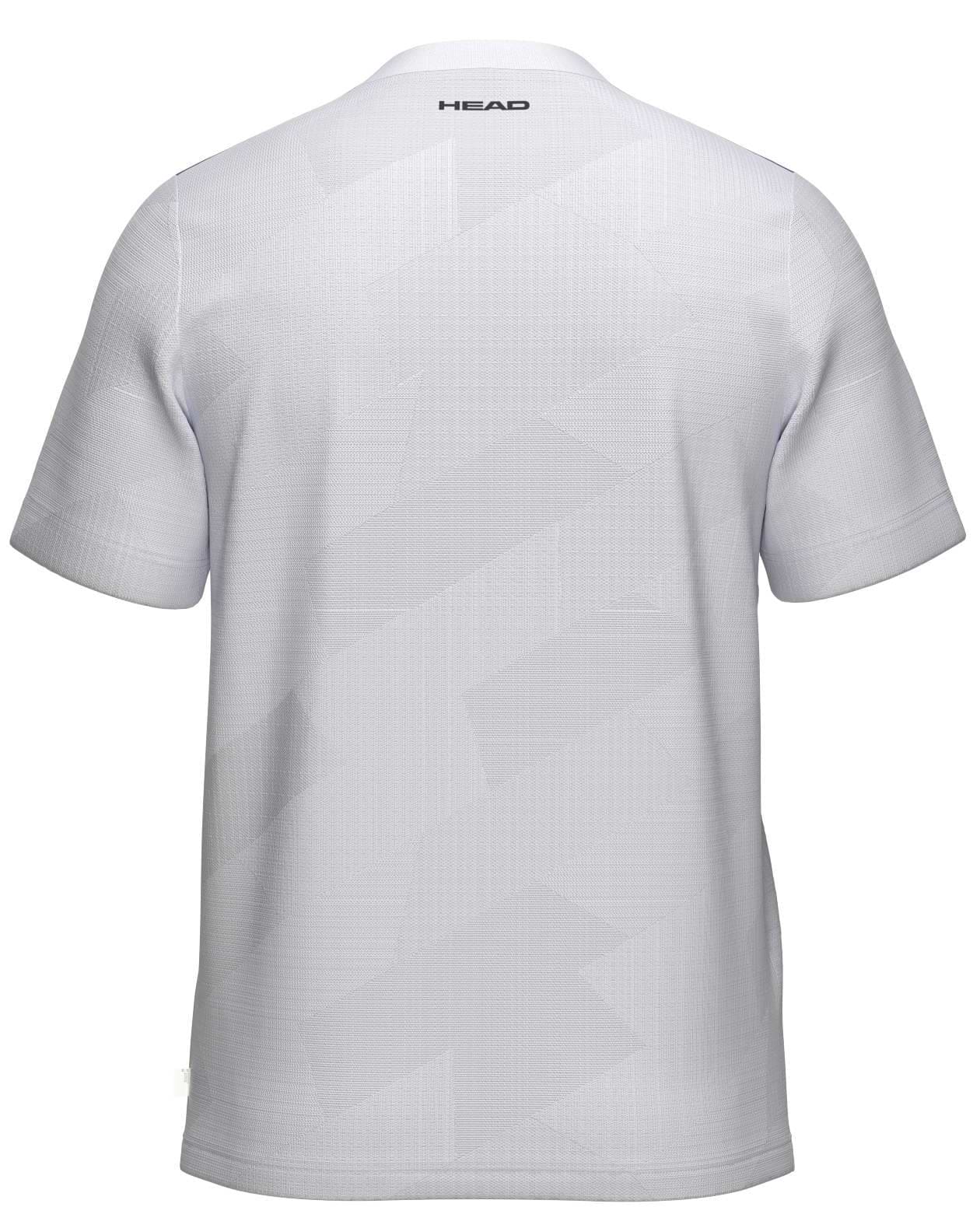 The HEAD Pro Mens Badminton T-Shirt - PUXP is a white short-sleeve performance top with subtle geometric patterns and the HEAD logo near the neckline—ideal breathable sportswear for both on and off the court.