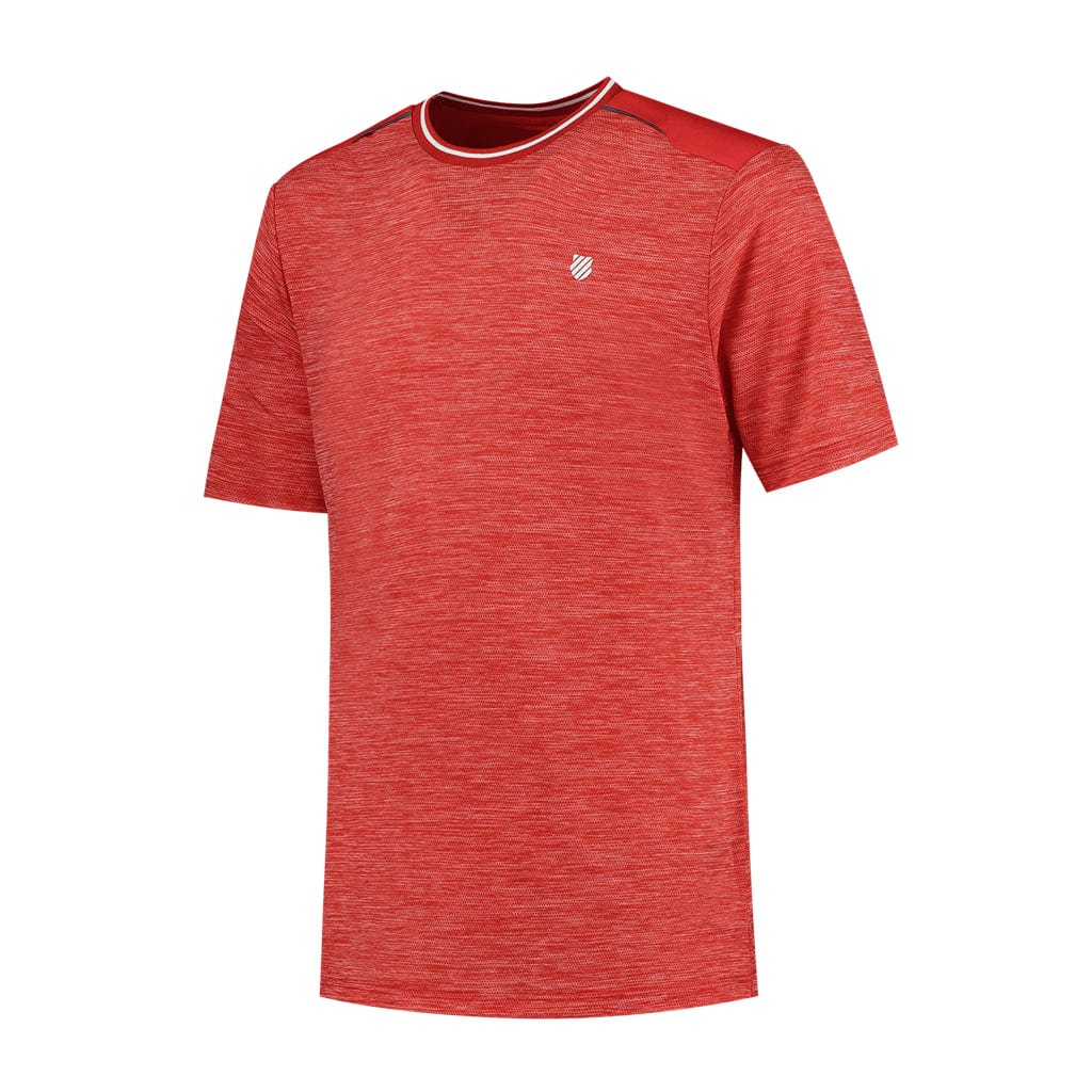This sporty and timeless K-Swiss Tac Hypercourt Badminton T-Shirt in Lollipop Melange features a subtle heathered texture with a small white logo on the chest. It includes a simple round neckline with a contrasting inner border, making it ideal for badminton enthusiasts.