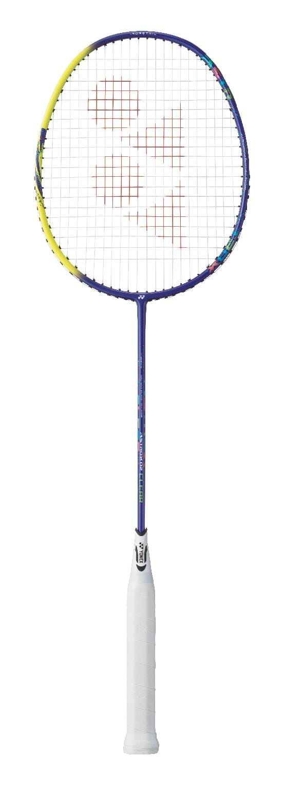The Yonex Astrox 02 Clear 4U Badminton Racket, in a striking royal blue frame, is equipped with white strings and a comfortable white grip handle. It's perfect for players ranging from beginner to intermediate levels, with the brand logo prominently displayed on the strings.