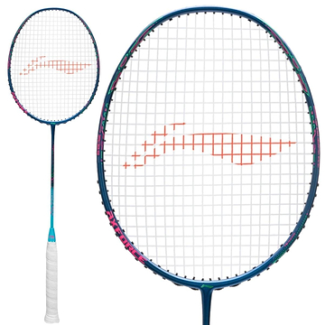 The Li-Ning Axforce 50 4U Badminton Racket - Blue is displayed in two perspectives. The primary view showcases the racket's full length, highlighting its blue frame and white strings accented with an orange design. This racket, crafted for advanced players, also features a detailed close-up of the head and string pattern, with the handle wrapped in white grip tape.