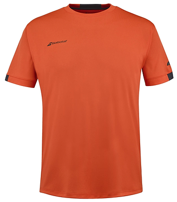 The Babolat Play Men's Crew Neck Badminton T-Shirt in Fiesta Red features Fiber Dry technology, has a small black logo on the left chest, and includes black accents on the sleeves.