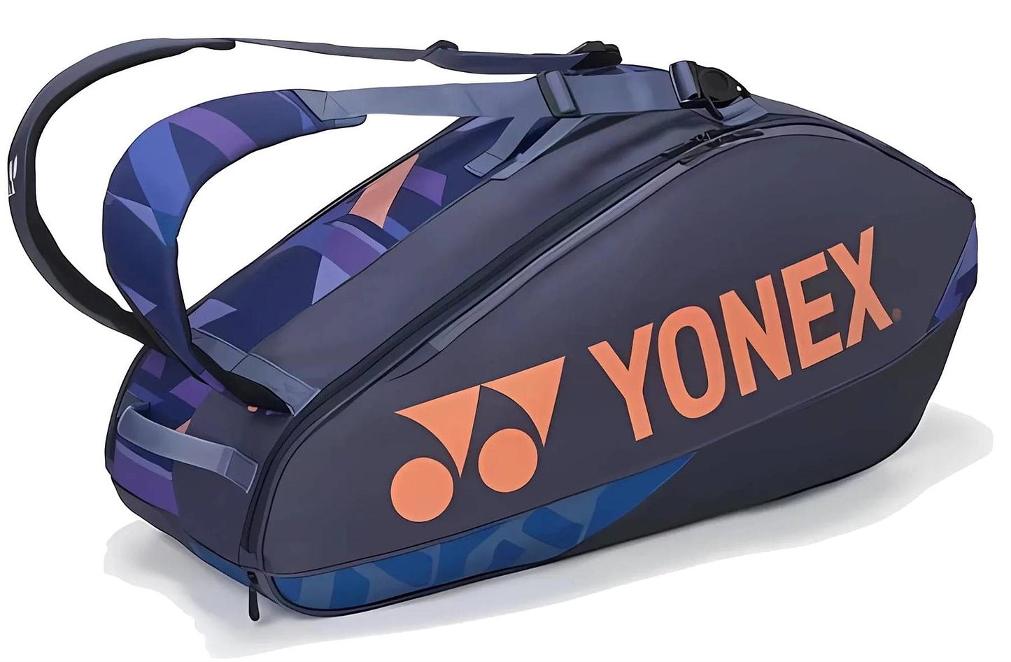 The Yonex 92426EX 6 Racket Pro Tennis Bag in Midnight Navy holds up to 6 rackets and features two shoulder straps for easy carrying, with a bold orange logo and geometric blue accents for a sporty look.