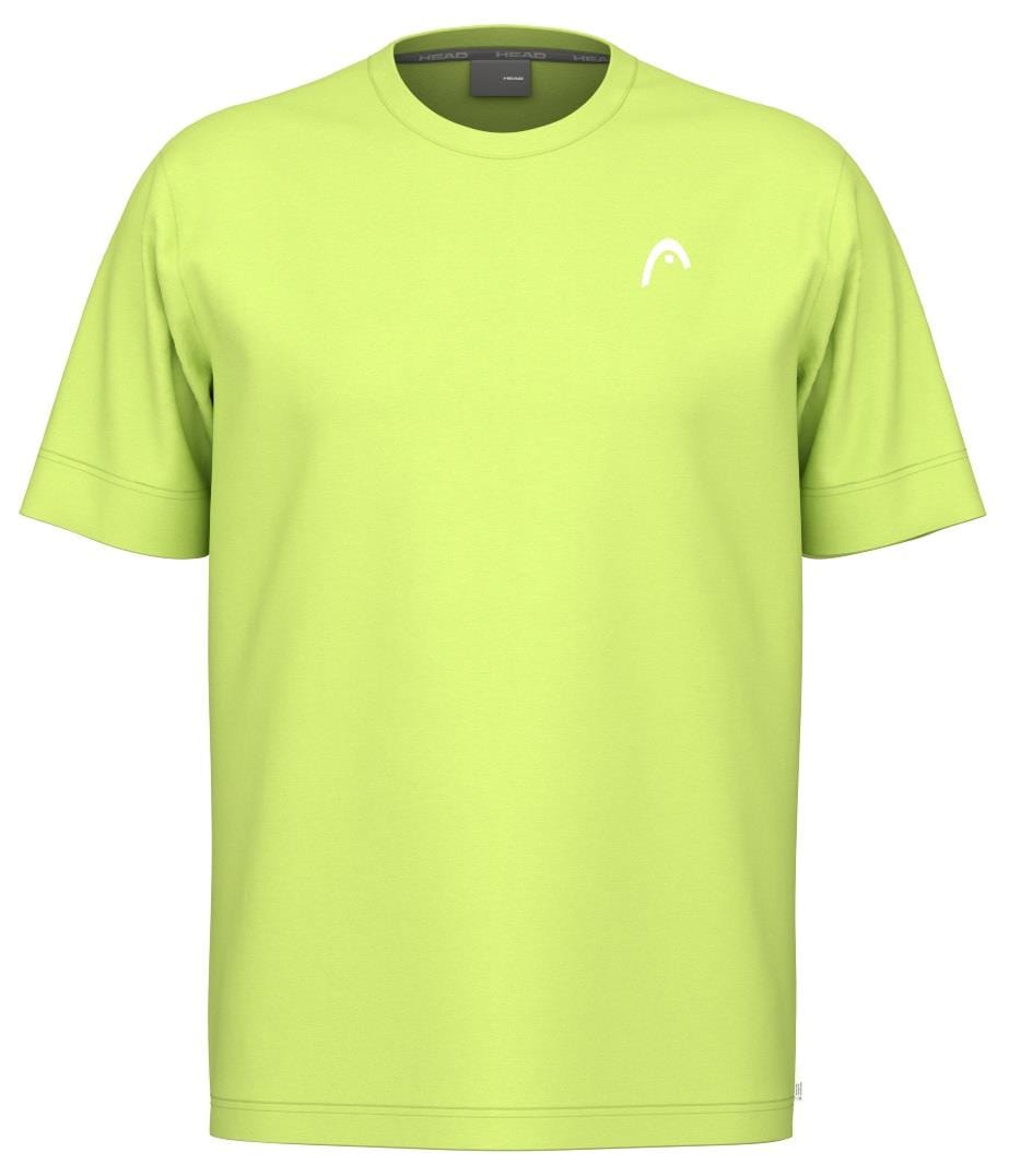 The HEAD Slice II Mens Badminton T-Shirt - LL is plain lime green with a small white left-chest logo, features a crew neckline, and offers moisture-wicking comfort—no extra patterns or designs.