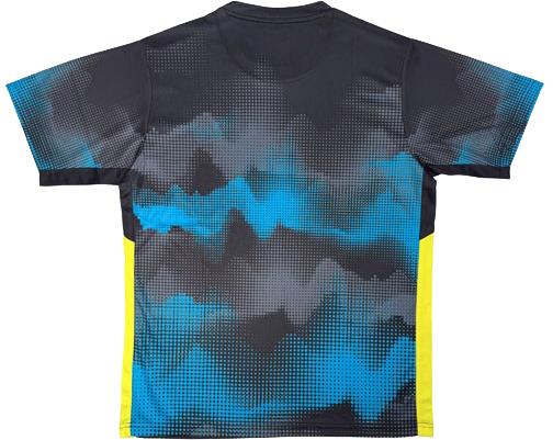 The Yonex YTL2025B Womens Badminton T-Shirt in black features blue and gray pixelated back graphics, yellow side panels, and high-performance sports fabric—combining comfort and style for badminton play.
