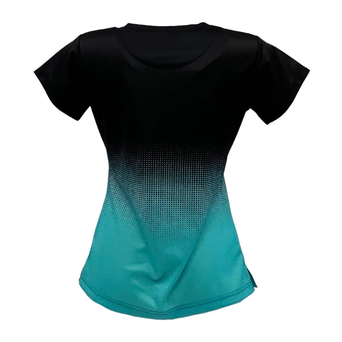 The Yonex YTL5 Women's Badminton T-Shirt from Yonex showcases a turquoise to black gradient with pixelated dots. Made from moisture-wicking polyester, it integrates advanced fabric technology for comfort, elegantly set against a white background.
