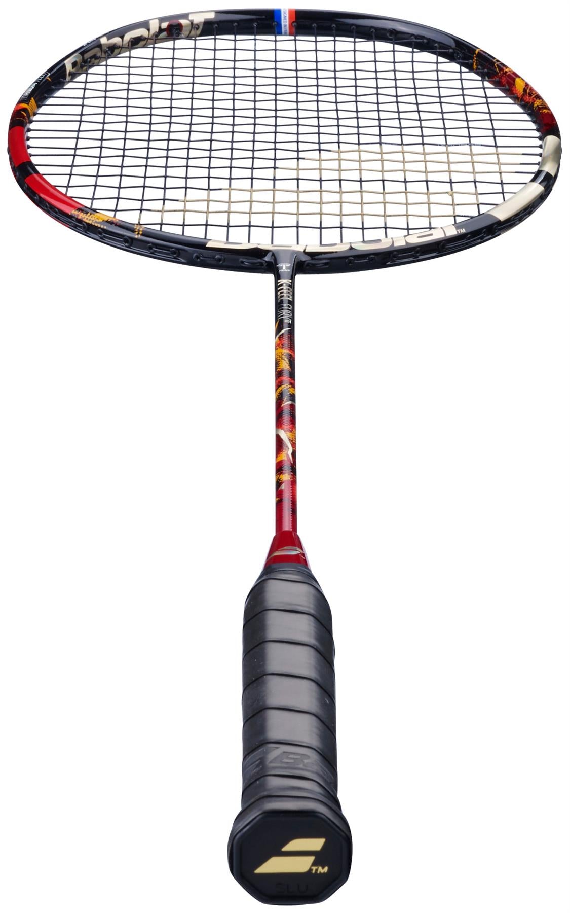 A close-up of the Babolat X-Feel Fury 2026 3U Badminton Racket in black/red by Babolat, featuring a black grip, decorated shaft, and oval head with black strings against a white background, highlighting its power potential.