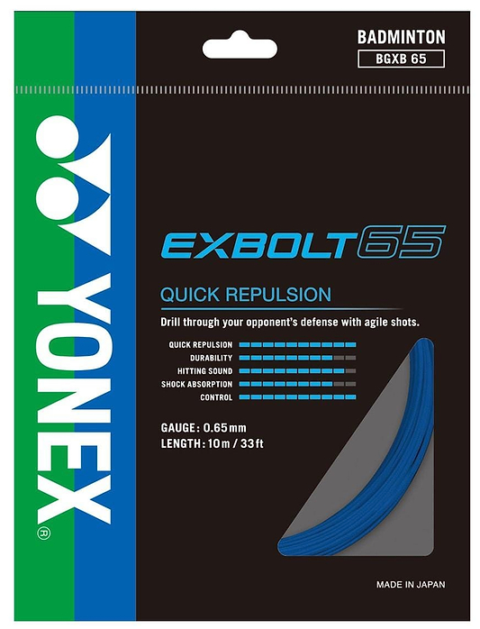 The Yonex Exbolt 65 Badminton String in blue, with a gauge of 0.65mm and a length of 10m/33ft, highlights impressive FORGED FIBER technology. It offers quick repulsion, durable performance, and enhanced smashing power potential. Additional features include excellent hitting sound, shock absorption, and control. Made in Japan by Yonex.