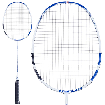 Close-up of the Babolat Satelite Rise Badminton Racket in Blue and White, showcasing a sleek white frame with striking blue and black accents. This head light design integrates Shot Optimizer technology, enhanced by a black grip and string pattern for superior performance.