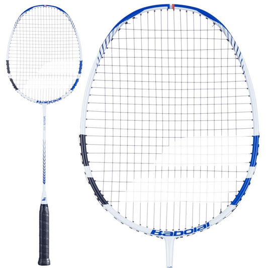 Close-up of the Babolat Satelite Rise Badminton Racket in Blue and White, showcasing a sleek white frame with striking blue and black accents. This head light design integrates Shot Optimizer technology, enhanced by a black grip and string pattern for superior performance.