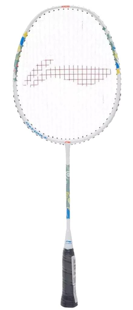 The Li-Ning Axforce Kids Play Junior Badminton Racket in Pearl White features a lightweight frame with a black grip handle and precisely gridded strings. Its colorful shaft design makes it ideal for young players on the court.
