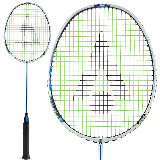Close-up of a Karakal Black Zone BZ Lite Badminton Racket - White with its black handle and green strings, featuring an isometric head design. A black abstract logo adorns the center of the strings, elegantly displayed from both front and side angles.