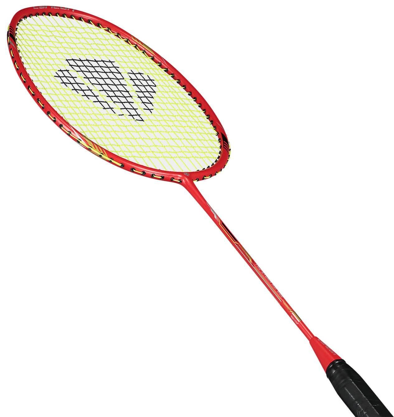 The Carlton Tru-Storm ASi 200 Badminton Racket by Carlton features a red frame, black grip, and yellow strings, shown angled on a white background. Ideal for beginners seeking durability and style.