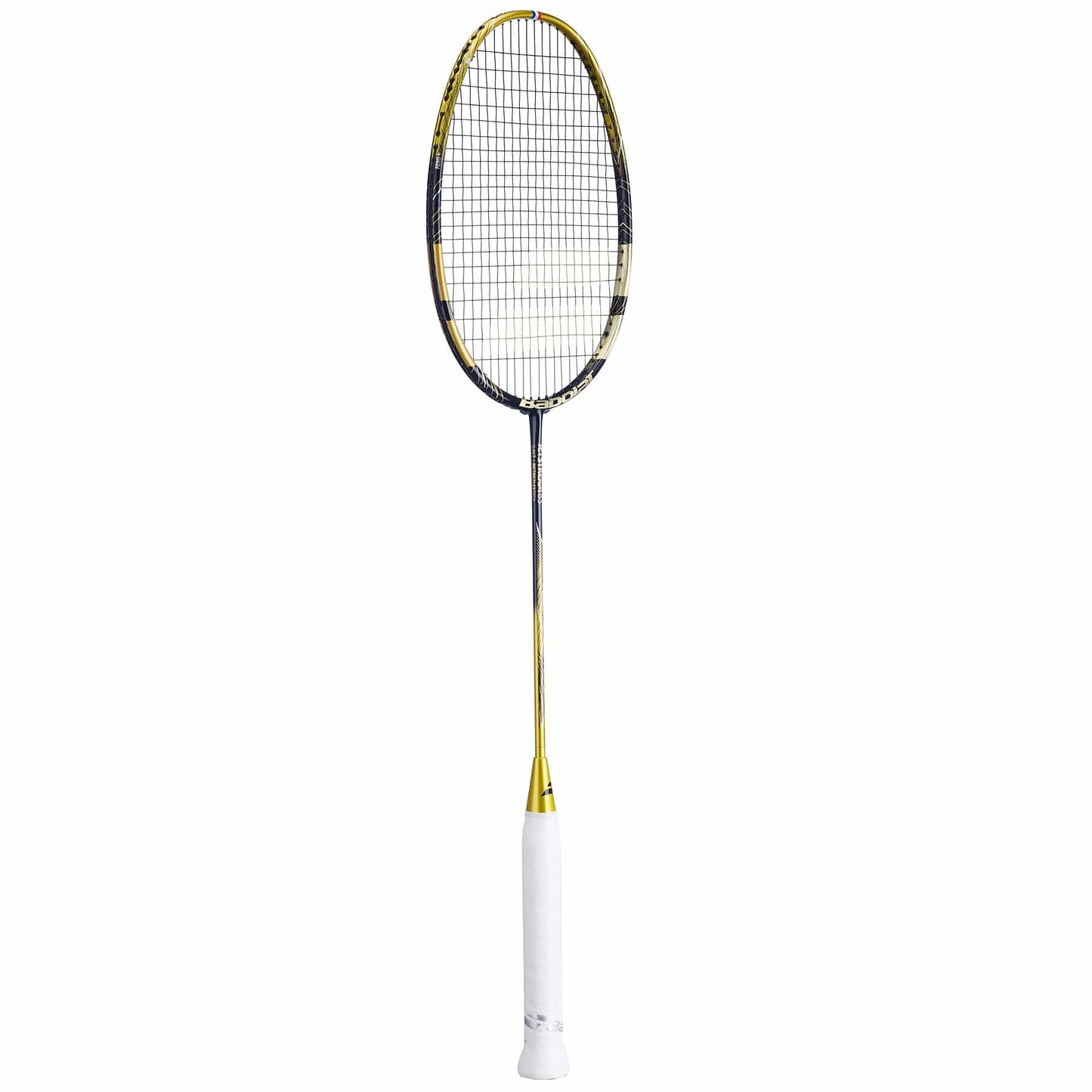 The Babolat Jetstream 83 4U Badminton Racket features a stylish gold and black frame, complemented by white strings and grip. Its design boosts responsiveness and manoeuvrability, making it shine when displayed vertically against a plain white background.