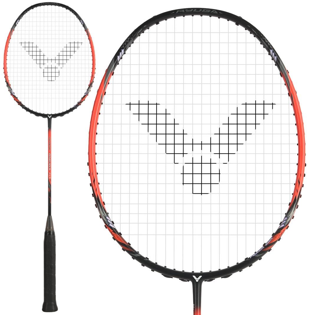 The Victor Thruster Ryuga CLS C 4U Badminton Racket in black and red features an oval Power Box frame and a bold black logo woven into its white strings.