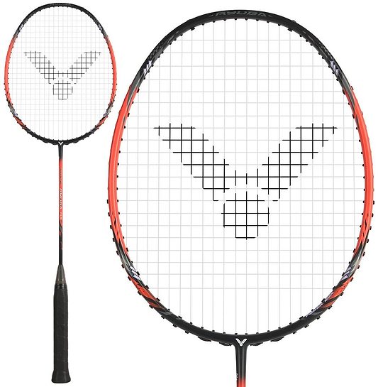 The Victor Thruster Ryuga CLS C 4U Badminton Racket in black and red features an oval Power Box frame and a bold black logo woven into its white strings.