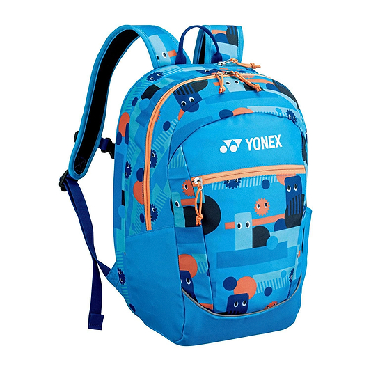 The Yonex 22512 Junior Badminton Backpack in Ocean Blue flaunts playful abstract patterns. It has adjustable shoulder straps, multiple zippered compartments, a side pocket, and an orange accent zipper, making it perfect for aspiring young players for casual or sports use.
