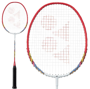 The Yonex Muscle Power 1 Badminton Racket - White / Red, designed for beginner players, showcases an isometric head shape with a striking red frame and white strings highlighted by a red logo. Its shaft features vibrant graphics, complemented by a sleek black grip.