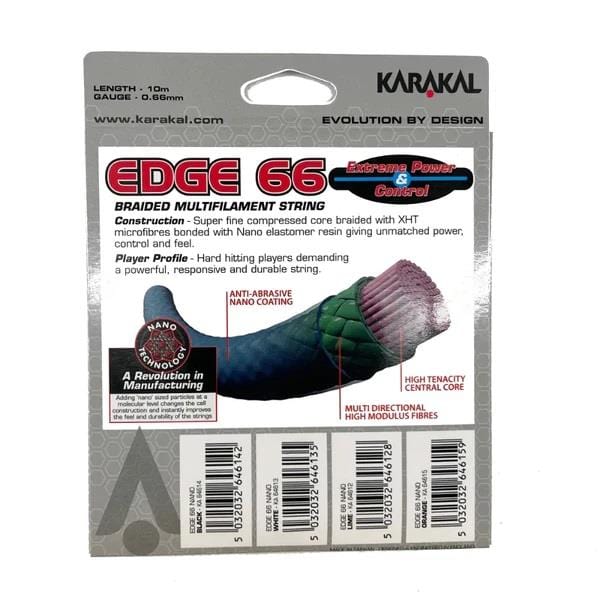 The image displays the packaging of the Karakal Edge 66 Badminton String in white, highlighting its advanced Nano Technology designed for superior power and control. It features an anti-abrasive nano coating along with a high-tenacity central core, complete with product details and a barcode on the package.