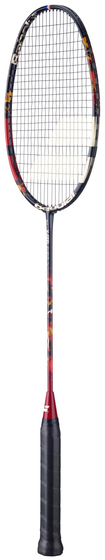 The Babolat X-Feel Fury 2026 3U Badminton Racket by Babolat features a slim shaft, a rounded black/red frame with multicolor accents, black grip, and tightly woven strings for enhanced control and power on the court.