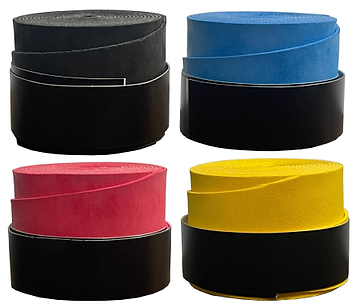 Three coiled rolls of BadmintonHQ Badminton Overgrip (3 Pack) are displayed in black, blue, and red, each with a black strip at the bottom, set against a white background.