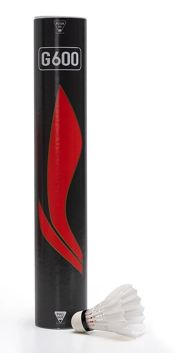 A sleek black cylindrical container marked "G600" with a striking red design stands upright. In front, a premium-quality Li-Ning G600 Feather Shuttlecock featuring a distinctive black band takes center stage, ideal for tournament play and highlighting the sports equipment motif.