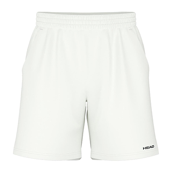 The HEAD Vision Power Mens Badminton Shorts in white are designed with an elastic waistband for a sporty style and feature a 4-way stretch for ultimate comfort. These shorts have "HEAD" printed in black at the bottom right corner, include side pockets, and are showcased against a plain white background.