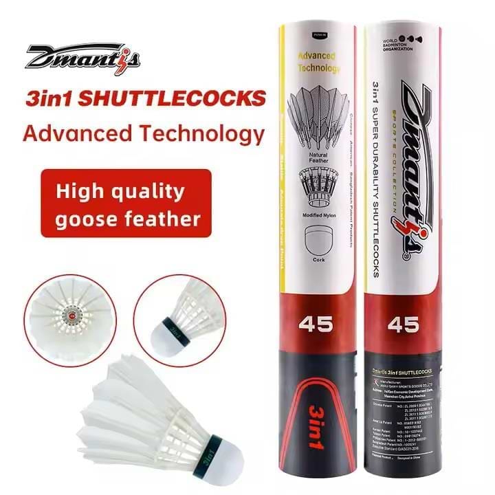 Two cylindrical tubes labeled "3in1 SHUTTLECOCKS" and "45" showcase Dmantis D45 Hybrid Badminton Feather Shuttlecocks (Speed 78), offering advanced technology, aerodynamic design, and premium goose feathers for durability and performance.