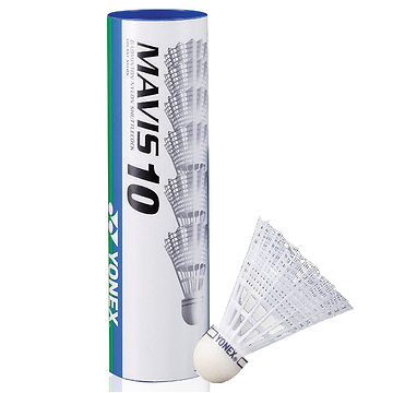 A Yonex Mavis 10 Badminton Nylon Shuttles White - Set of 6 tube stands upright, with a single white nylon shuttlecock beside it. The tube displays blue and green accents along with the Yonex brand and product name.