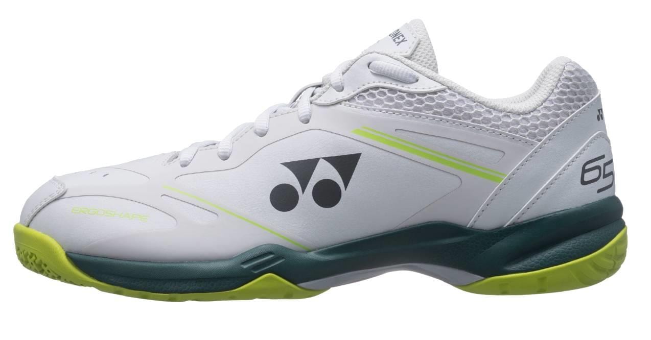 The Yonex Power Cushion 65X4 Viktor Axelsen Badminton Shoes in white/lime offer a signature design for top performance, with dark green accents, black side logo, mesh heel details, and a textured sole.